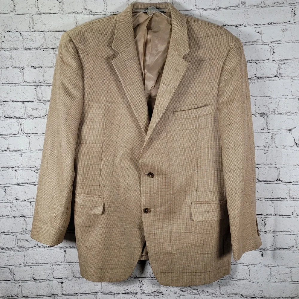 Jos. A. Bank Blazer Mens 46R Tan Silk Camel Hair Windowpane Excellent Sport Coat
